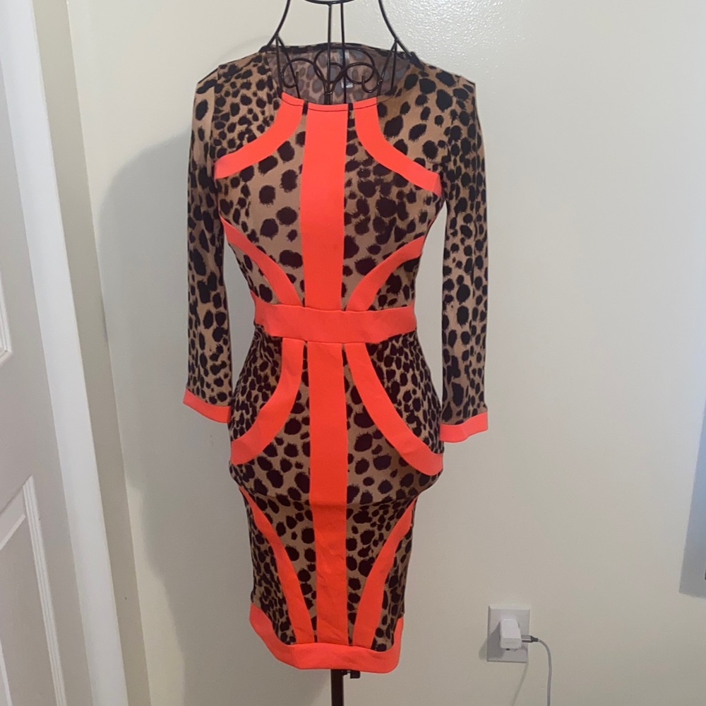 Auditions Leopard and Orange Long Sleeve Dress EUC